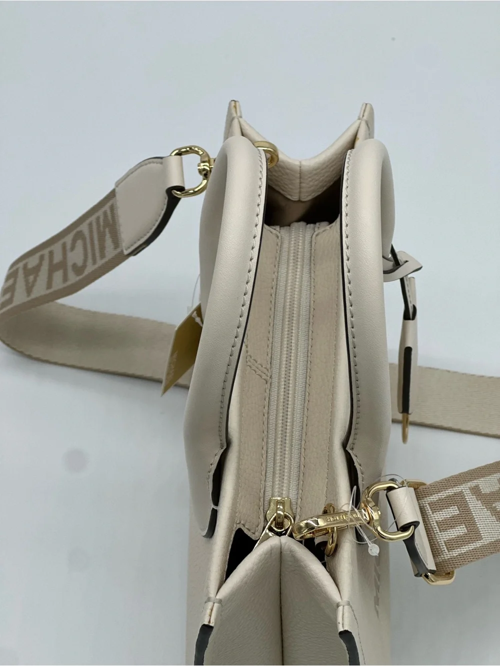 Michael Kors Cream Leather Satchel with Logo Strap and MK Charm
